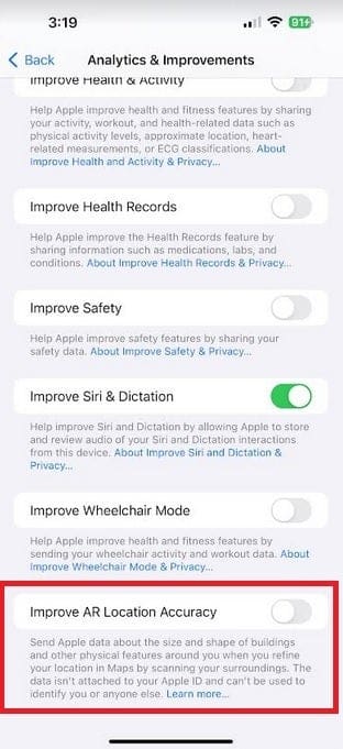 Make sure the toggle found in the red box is turned on if you want to improve the accuracy of AR features in Apple Maps - Apple asks for your help to improve Apple Maps' AR features