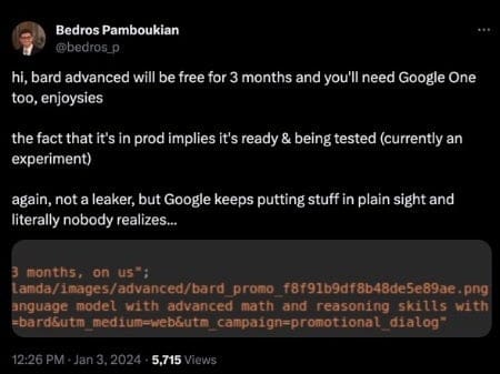 Source - Bedros Pamboukian | X - Google may charge for Bard Advanced, its upcoming chatbot powered by Gemini Ultra