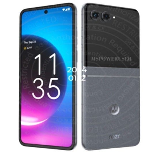 Rendu de la prochaine version du Motorola Razr+ pour Verizon. Image credit-MSPoweruser - Un aperçu du nouveau Razr+ pour Verizon fait surface ; l'appareil pourrait être commercialisé au premier semestre 2024.